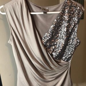 Worthington-Size PM Taupe dressy top with ruching and sequins accents.